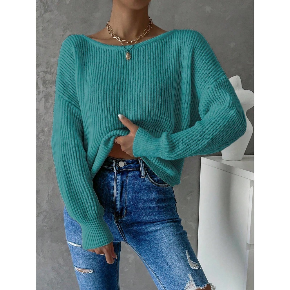 Minimalist Twist Back Drop Shoulder Boat Neck Sweater backless - Picture 6 of 11